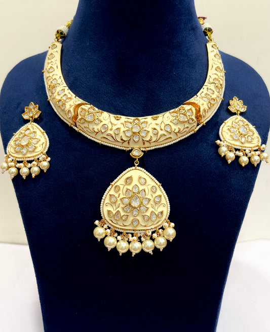 TRADITIONAL HANDCRAFTED INDIAN GOLD-PLATED BRASS LOTUS ENAMLED NECKLACE CHOKAR SET